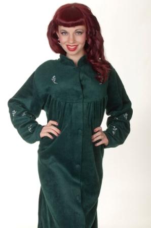 Button Up House Coat With Embroidery in Green